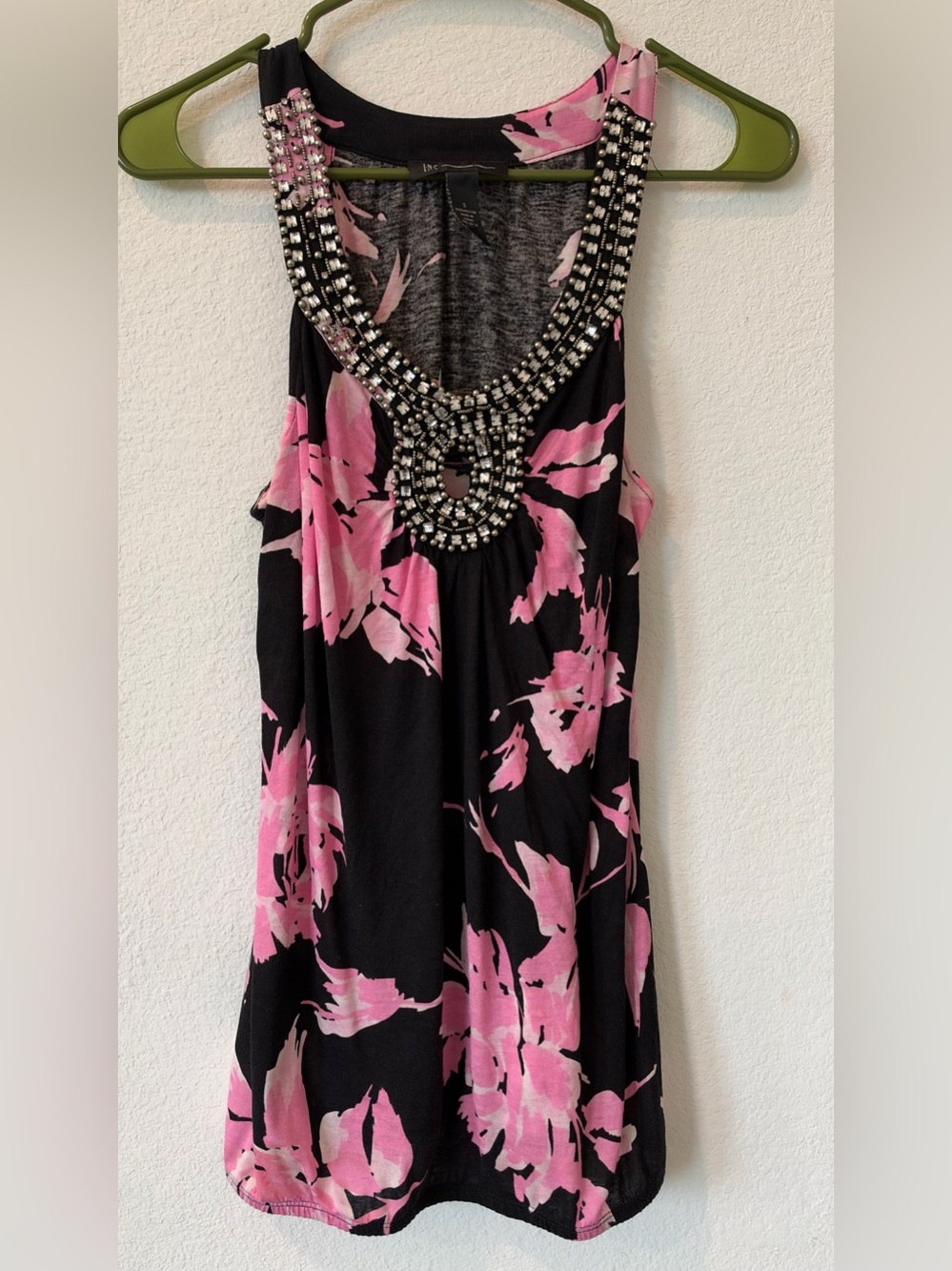 INC International Concepts Black Tank Top with Pink Floral & Beaded Neckline